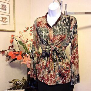NWT Robert Kitchen Women's Burgundy Black Beige Printed Blouse Size 10 M
